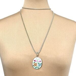 necklace handmade vintage oval porcelain pendant silver mesh chain